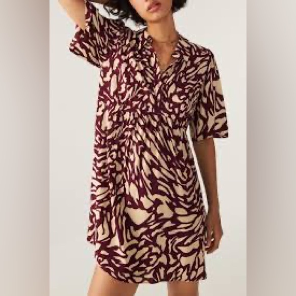 ba&sh Groove Print Mini Shirt Dress in Bordeaux - Picture 1 of 7